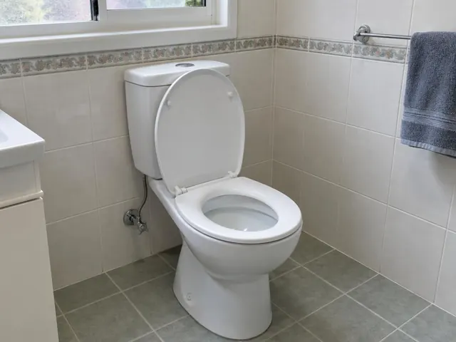 Clean white toilet in a tiled bathroom with a window and towel rail in Wentworthville