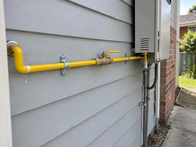 Yellow gas pipe and valve mounted on an exterior weatherboard wall beside a gas unit in Pendle Hill